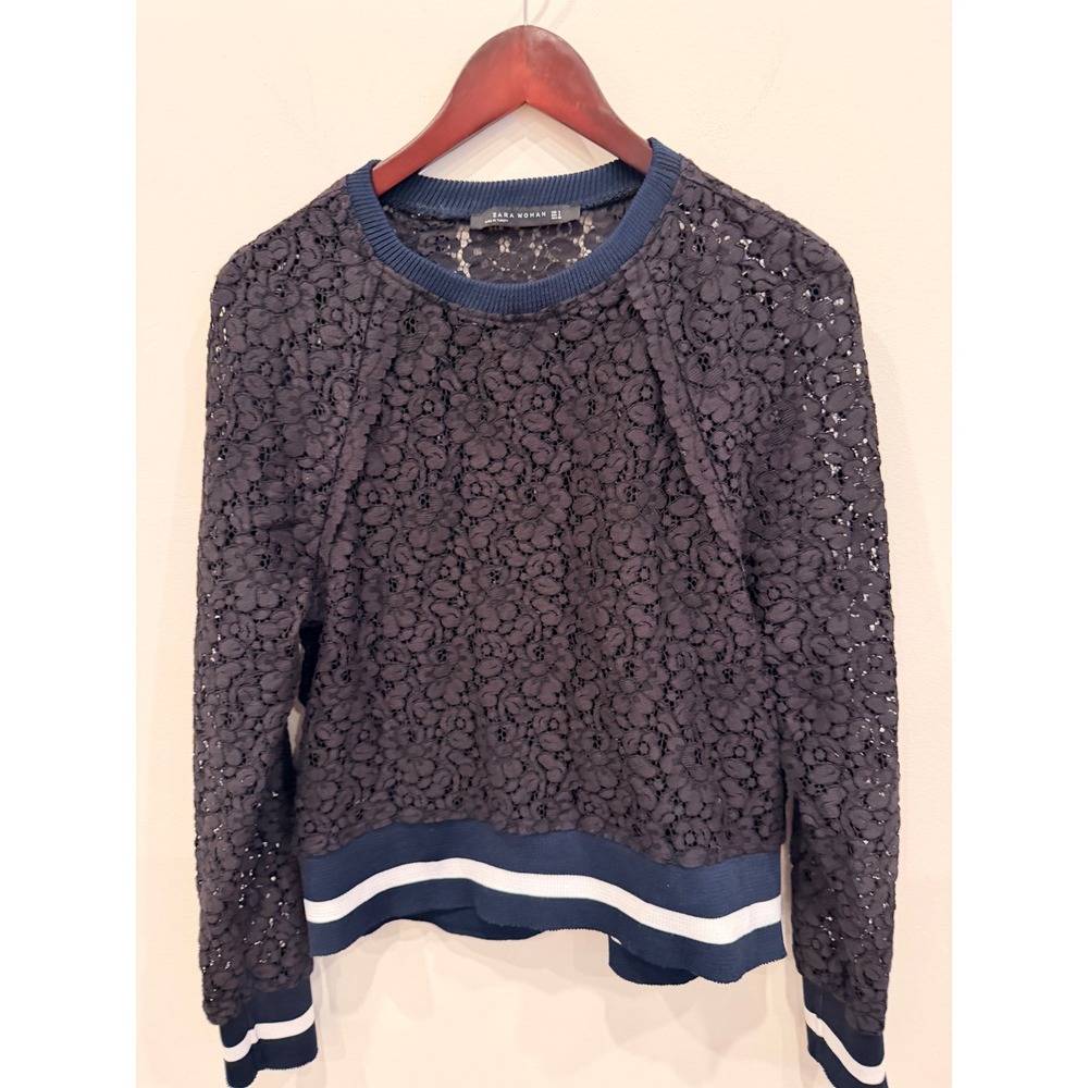 Zara‎ Woman Black Lace Crop Sweatshirt Sheer Floral Overlay Size S